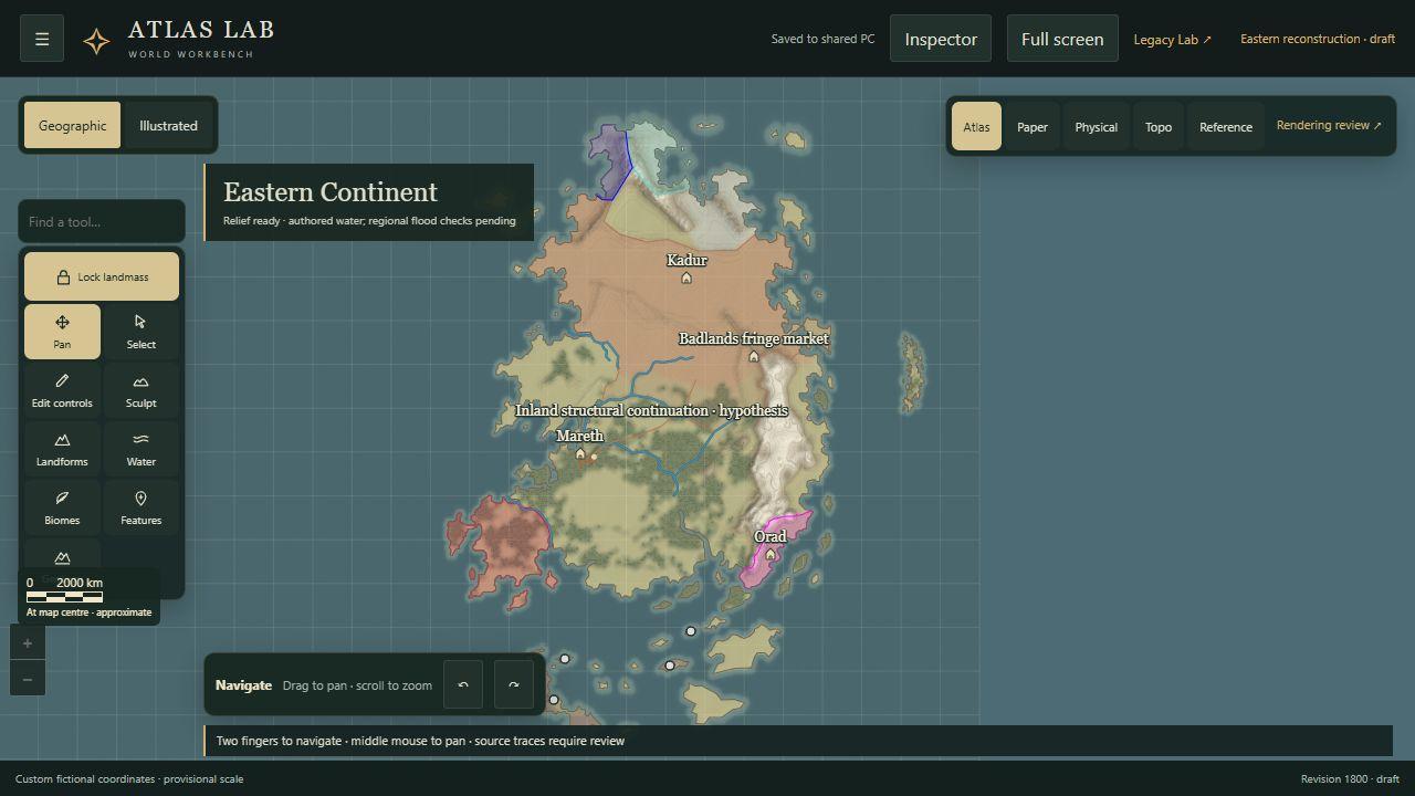 Atlas Lab map editing workspace showing an authored fictional continent